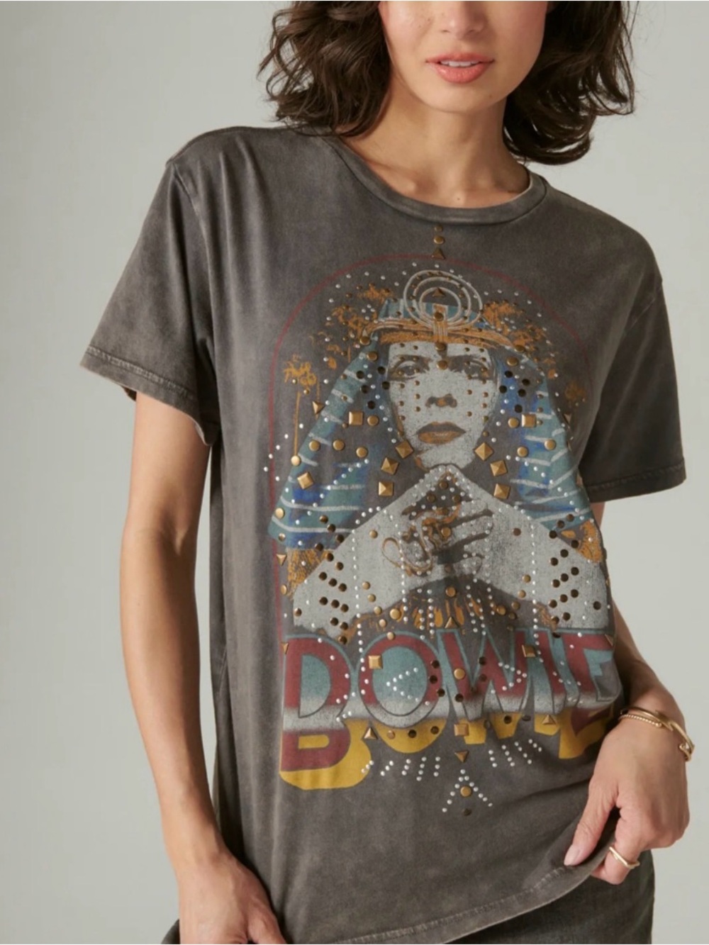 Beautiful Lucky Brand Charcoal Graphic Tee with Metallic studs